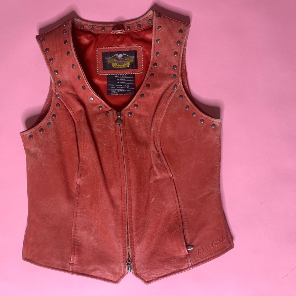 Vintage Harley Davidson red distressed leather vest